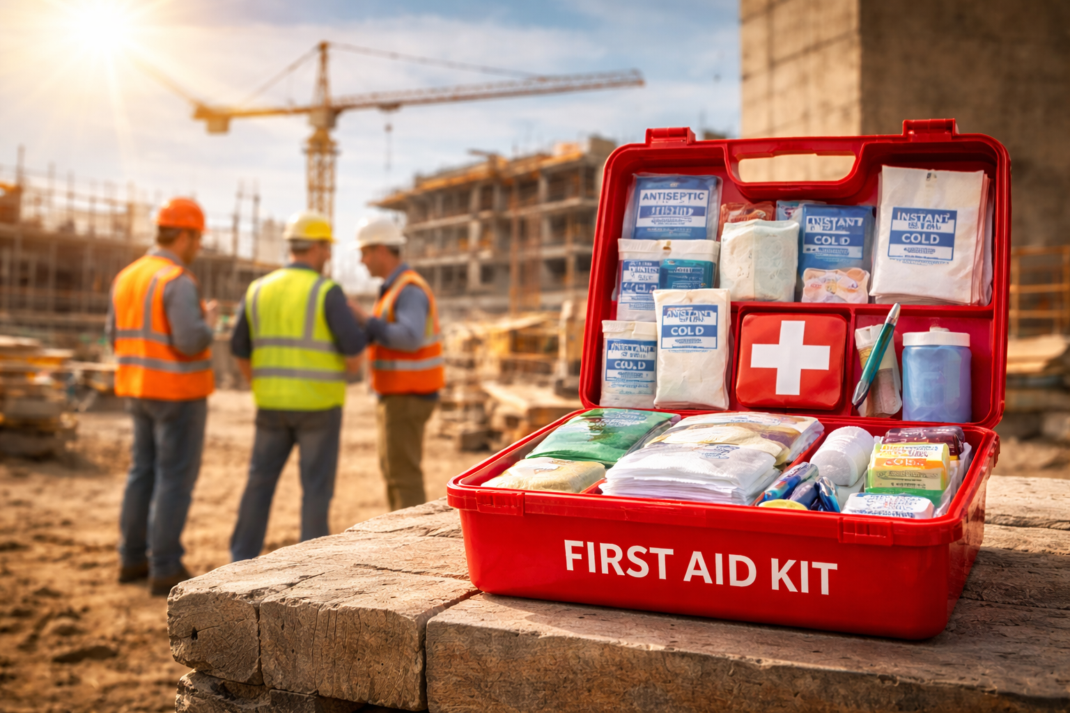 Old first aid kit at construction site